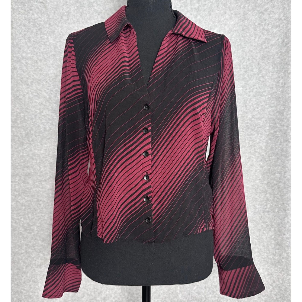UO Burgundy Black Stripe Sheer Chiffon Button Down Top Large Indie Sleaze Grunge